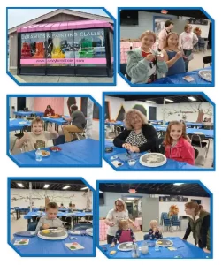 A collage of six images featuring various people engaging in ceramics and painting activities. The first photo shows the entrance to a studio with a sign reading "CERAMICS & PAINTING CLASSES". The remaining photos depict individuals, children, and adults at tables focusing on painting and molding ceramic pieces. The atmosphere seems lively and creative.