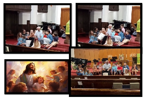 Children gathered in a church near the altar with an adult leading an activity; a spiritual artwork portraying Jesus surrounded by children; hymnals visible on pews in the foreground.