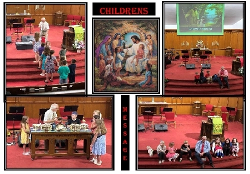 Collage of a church's children's message featuring kids gathered at the altar, seated near a pastor, and interacting with communion elements, along with an illustration of Jesus teaching children.
