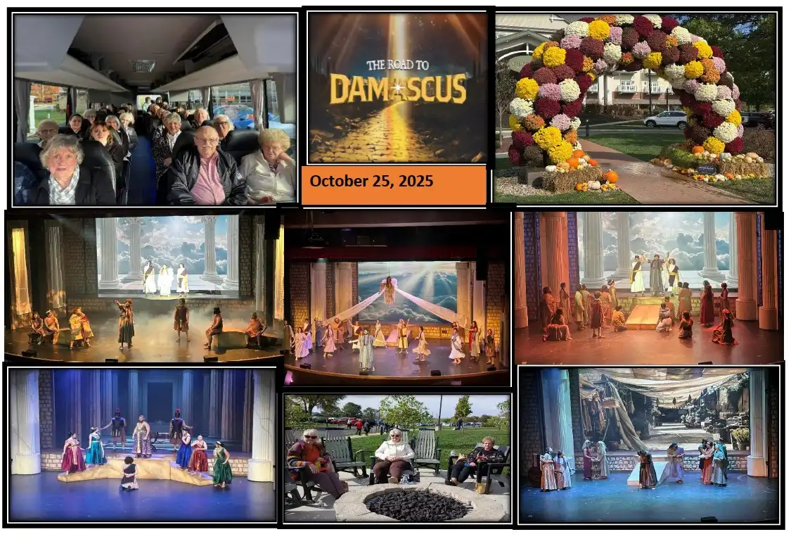Collage featuring a bus interior, a floral arch display outdoors, scenes from a theater production titled "The Road to Damascus," and people seated around an outdoor firepit. The event date is October 25, 2025.