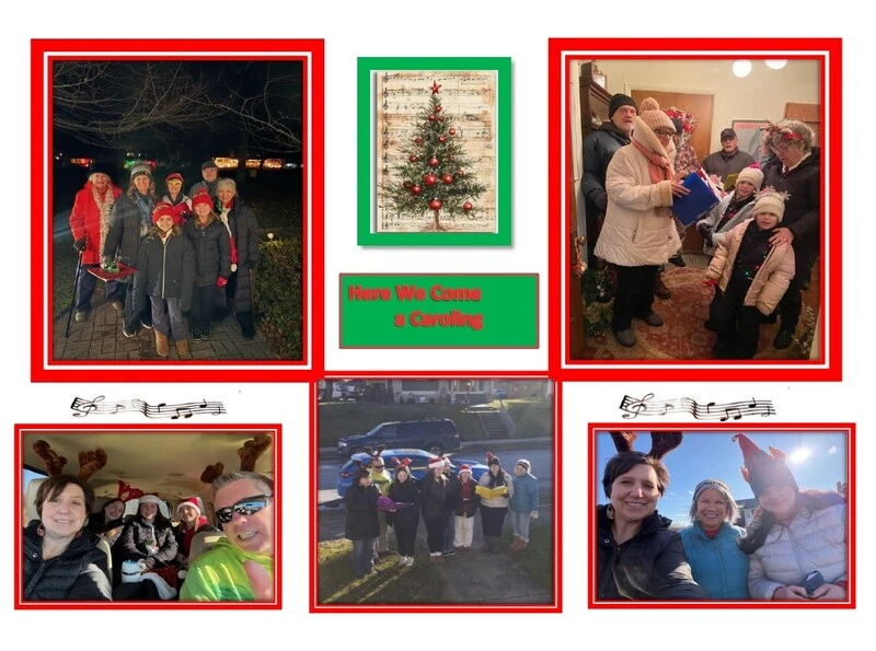 A group of people bundled in winter coats and hats stand outside at night, singing Christmas carols.